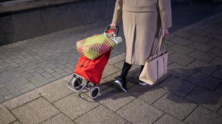 Eine ältere Frau mit Einkaufstaschen und Einkauf. 