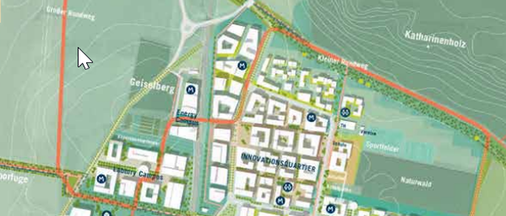Rahmenplan Golm 2040: Der nördliche Abstand der neuen Siedlung zum Katharinenholz soll durchgängig 150 Meter betragen. Dadurch fällt ein Streifen der geplanten Bebauung mit etwa 200 Wohnungen weg.