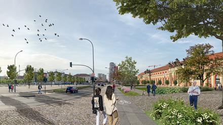 Potsdams MItte mit mehr Grün: So stellt sich die Initiative Mitteschön die Breite Straße vor dem Filmmuseum vor.