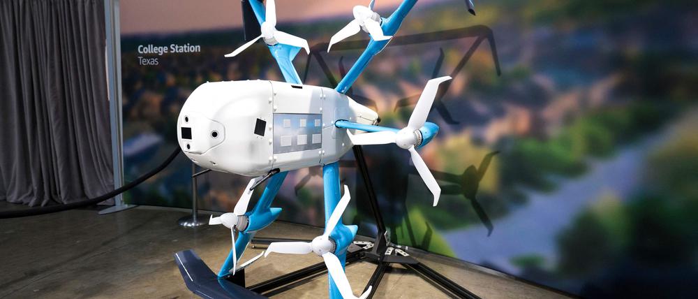 Amazons neue MK30 Prime Air-Drohne wird während Amazons „Delivering the Future“-Veranstaltung in Washington am 18. Oktober 2023 ausgestellt.